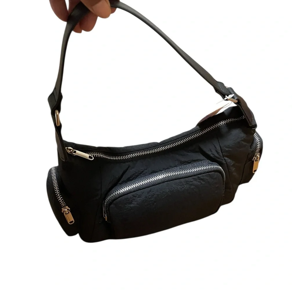 Wild Fable Black Nylon Shoulder Bag with Silver Accents 13 x 9 “ new - Picture 2 of 8